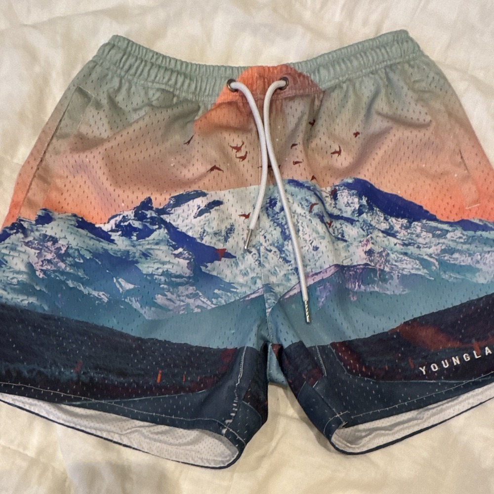 YoungLA Men's Mesh Athletic Shorts Multicolor Graphic Print Drawstring M 5 In